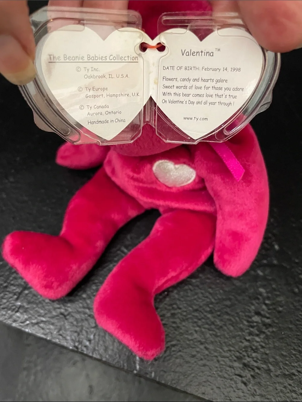 1998 Ty Valentina Beanie Baby Heart Bear Plush 1999-Tush Tag, 1998- Swing Tag
